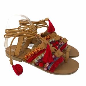 Barbara Barbieri Lace Up Tassel Fringe Jewels Pom Pom Sandals Size 6